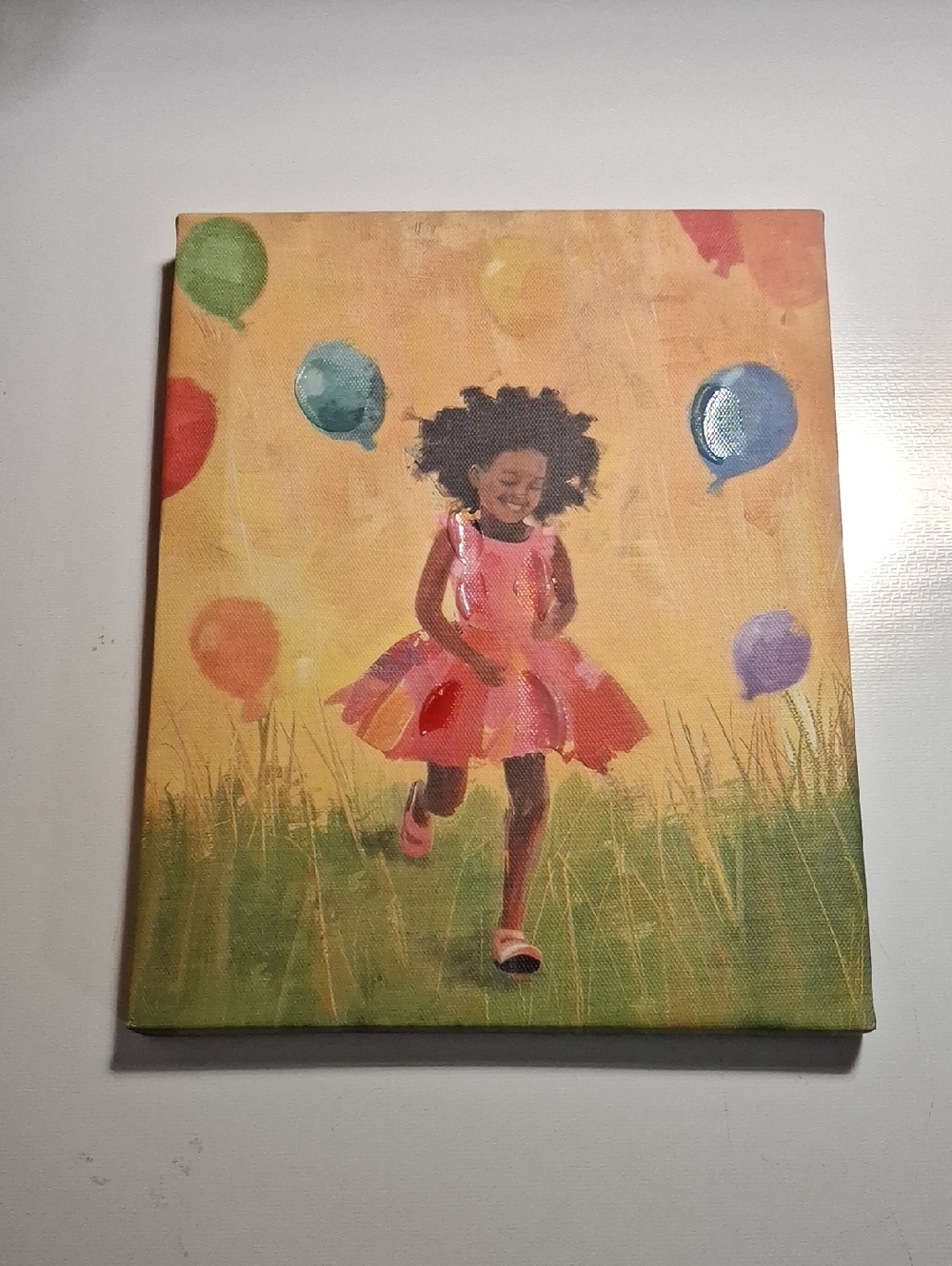 Joyful Girl with Balloons Canvas Art - Pink Dress Accent